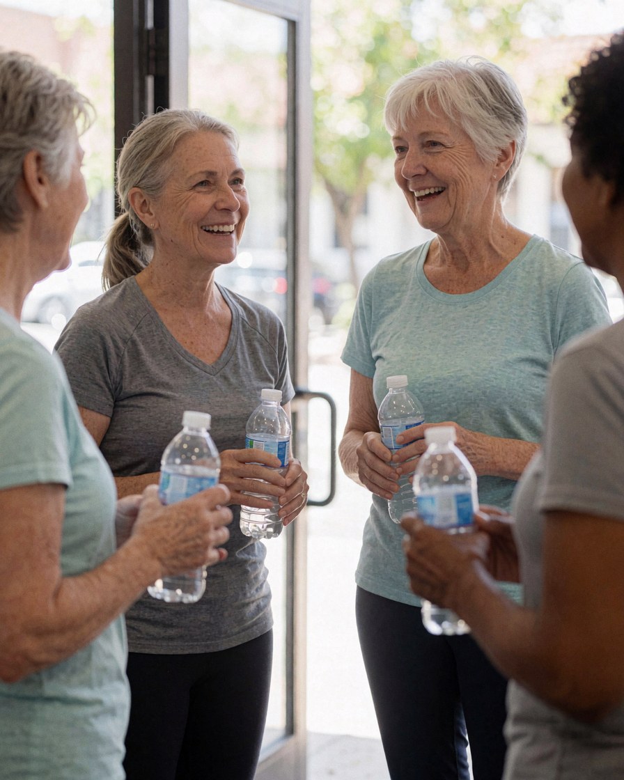 Quatre femmes âgées souriantes et discutant, tenant des bouteilles d'eau près de la sortie d'un studio de yoga avec lumière naturelle.