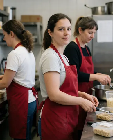 Trois femmes en tabliers rouges préparent des aliments dans des contenants plastiques sur un plan de travail moderne, l'une regarde l'objectif.