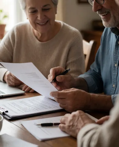 Un couple de seniors sourit en signant des papiers sur une table en bois, avec un ordinateur et un stylo.