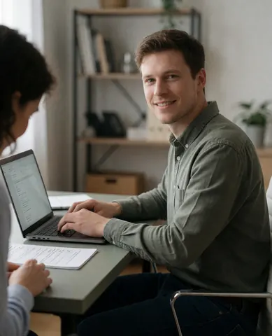 Un jeune homme assis à son bureau chez lui, concentré sur son travail de comptable avec un ordinateur portable.