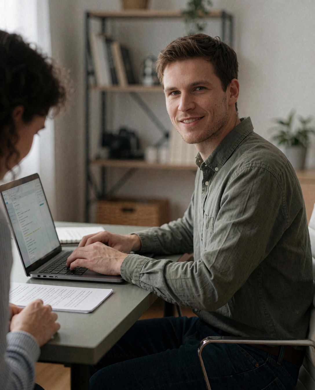 Un jeune homme assis à son bureau chez lui, concentré sur son travail de comptable avec un ordinateur portable.