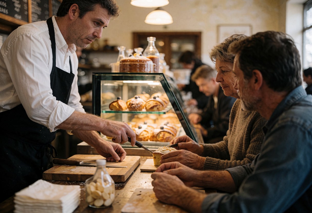 Un vendeur coupe un gâteau avec un couteau pendant qu'un client observe la scène dans une pâtisserie au décor chaleureux en bois.