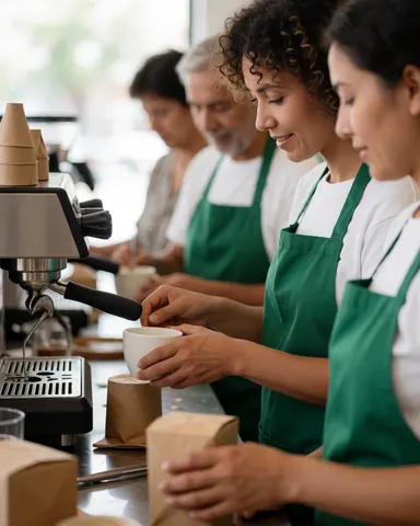 Un barista sert du café dans un café, utilisant une machine, une tasse et un tablier vert, dans un environnement professionnel et accueillant.