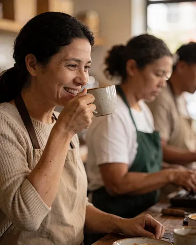 Une cliente heureuse savoure son café dans une cafétéria chaleureuse, tandis que d'autres personnes travaillent en arrière-plan.