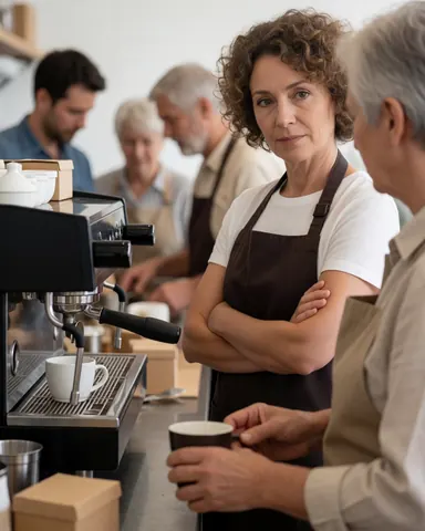 Un barista portant un tablier se tient derrière une machine à café avec des clients autour dans un cadre chaleureux.