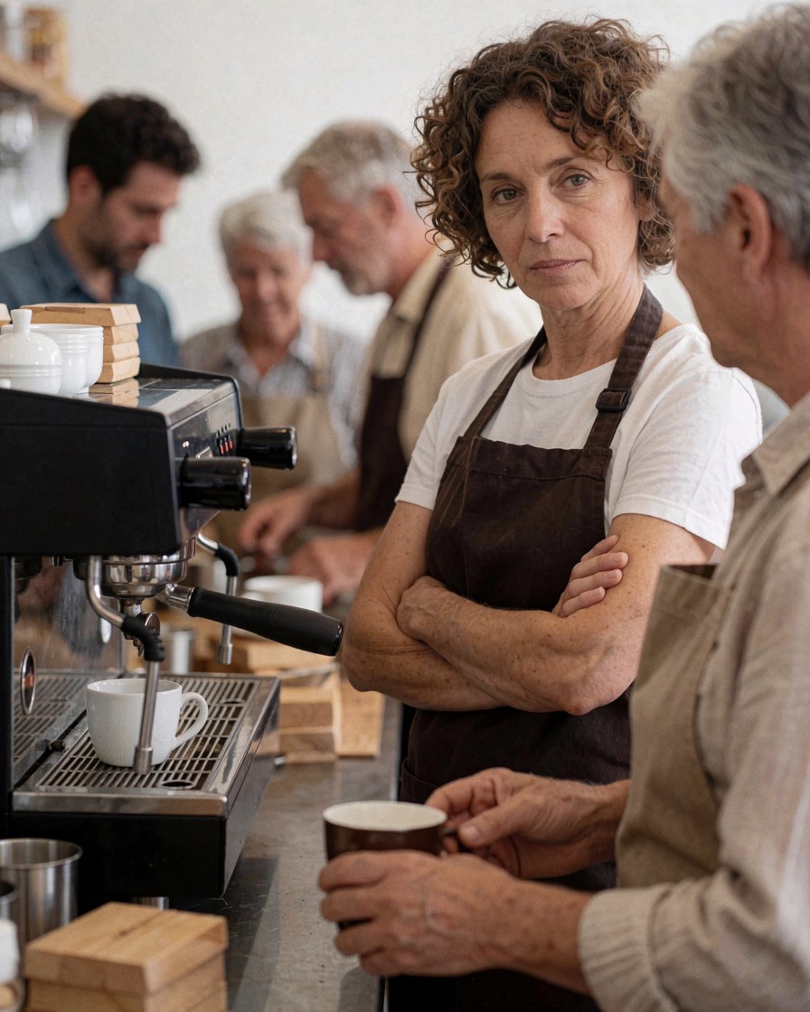 Un barista portant un tablier se tient derrière une machine à café avec des clients autour dans un cadre chaleureux.