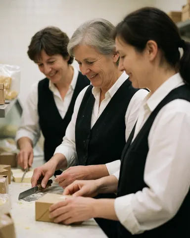 Membres de l'équipe travaillant ensemble dans un environnement de cafétéria, manipulant des produits et des outils.