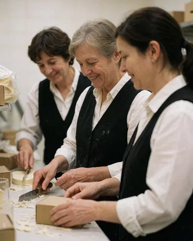 Membres de l'équipe travaillant ensemble dans un environnement de cafétéria, manipulant des produits et des outils.