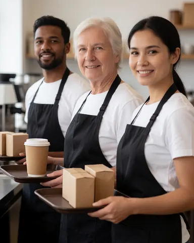 Trois employés de café en uniforme tenant des plateaux, souriant vers l'appareil photo dans une cuisine moderne, illustrant la camaraderie et le professionnalisme.
