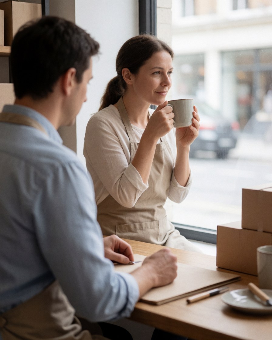 Une cliente adulte profite de son café dans un mug, assise à une table près d'une fenêtre dans un café.