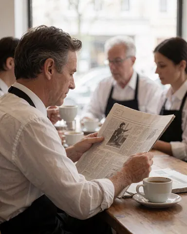 Un homme lit un journal en buvant du café à une table en bois dans un café calme et bien éclairé par la lumière naturelle.
