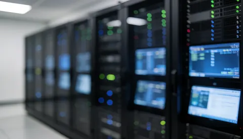 Fond technologique montrant des écrans bleus et verts dans un centre de données professionnel avec des équipements informatiques et du câblage.
