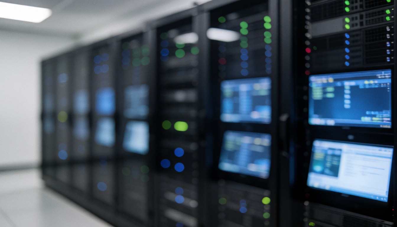 Fond technologique montrant des écrans bleus et verts dans un centre de données professionnel avec des équipements informatiques et du câblage.