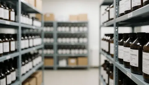 Fond d'entrepôt avec des étagères métalliques et des bouteilles de produits chimiques, idéal pour les textes sur la sécurité et le stockage agricole.