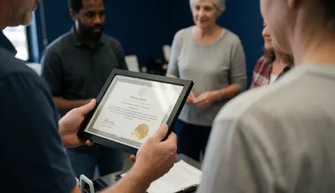Une personne tient un certificat encadré dans un bureau. Un groupe observe. Le mur est bleu foncé. Les mains et le document sont nets.