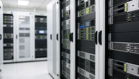 Salle de serveurs équipée de racks, éclairage bleu et blanc, fond flou, idéal pour textes sur technologie et sécurité informatique