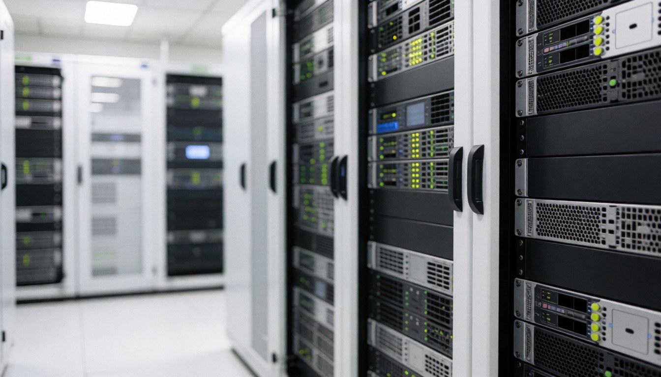 Salle de serveurs équipée de racks, éclairage bleu et blanc, fond flou, idéal pour textes sur technologie et sécurité informatique