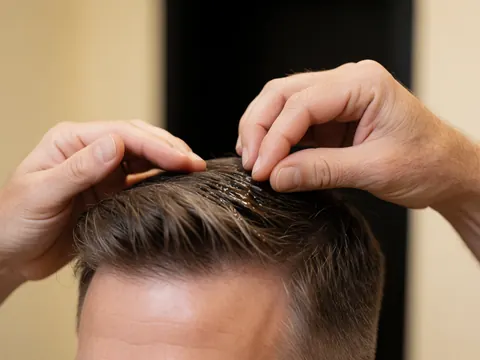 Application minutieuse d'une pommade sur les cheveux masculins pour un fini brillant et soigné en barbier.