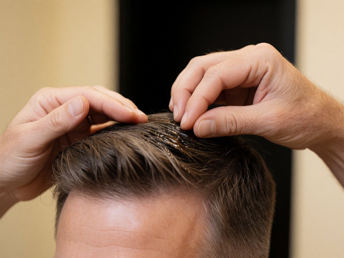 Application minutieuse d'une pommade sur les cheveux masculins pour un fini brillant et soigné en barbier.