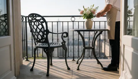 Balcon hotelier avec chaise fer forgé, table et vase fleurs. Lumiere matinale vue ville. Ambiance exclusive calme pour petit dejeuner ou cafe.