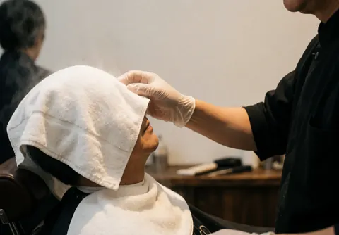 Un barbier applique une serviette chaude sur la tête d'un client pour détendre les muscles du visage.