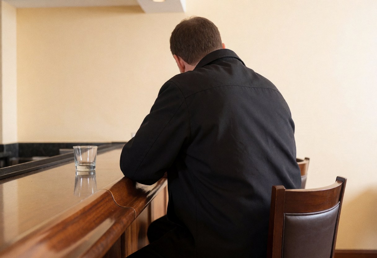 Un client dos tourné sur un tabouret haut face à un comptoir en bois poli, tenant un verre dans un cadre élégant et relaxant.