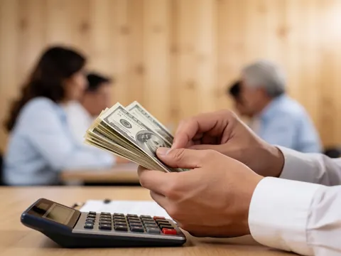 Des mains comptent des billets de dollar posés sur une calculatrice dans un bureau aux murs en bois, avec une éclairage chaleureux mettant en valeur les outils financiers.