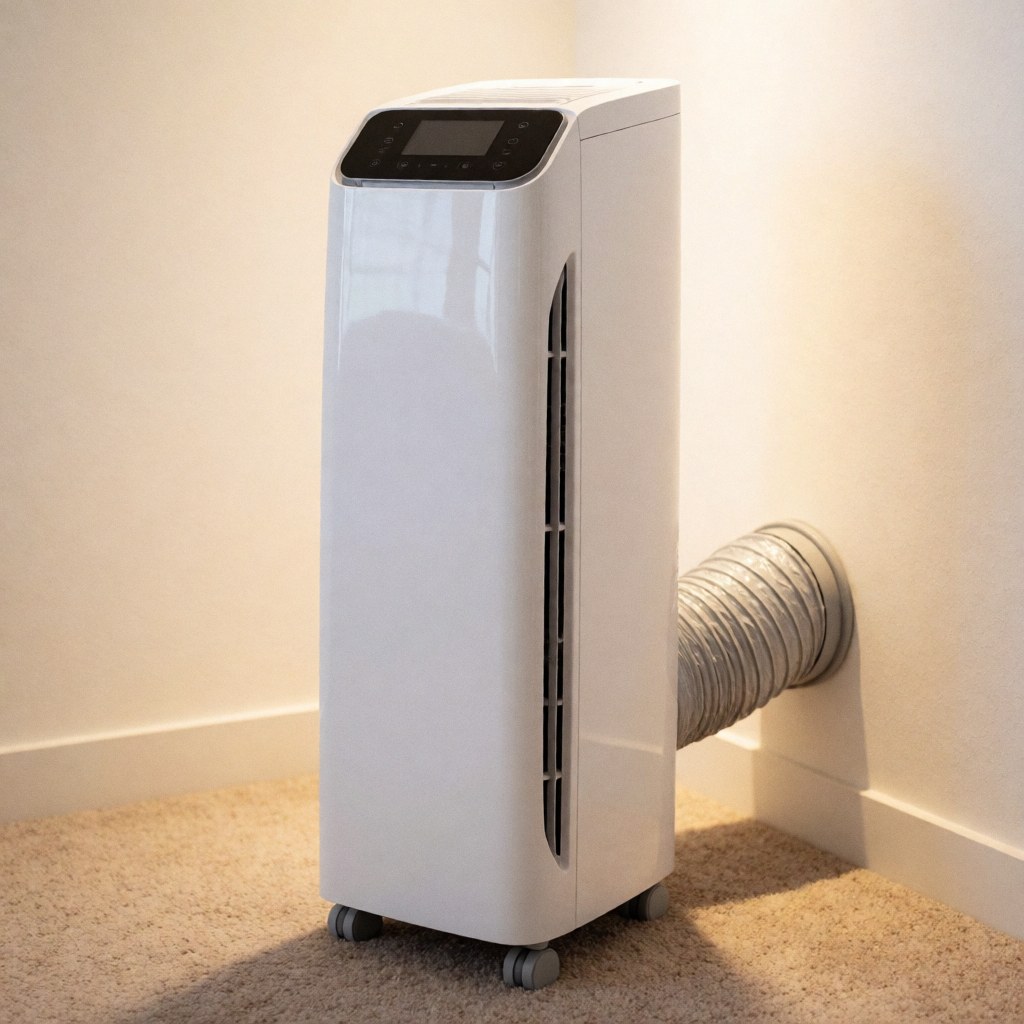 Climatiseur portable blanc avec tuyau flexible posé sur moquette dans une pièce aux murs clairs, adapté pour maison ou bureau.