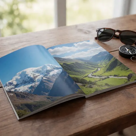 Brochure de voyage ouverte sur une table en bois montrant des montagnes enneigées et des vallées vertes, accompagnée d'une boussole et de lunettes de soleil.