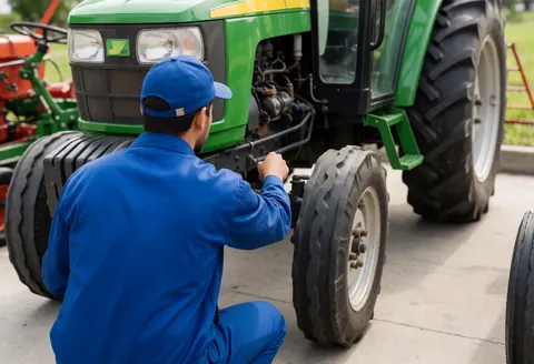 Technicien en uniforme bleu examine le moteur d'un tracteur vert dans un atelier agricole avec du béton et des équipements en arrière-plan.
