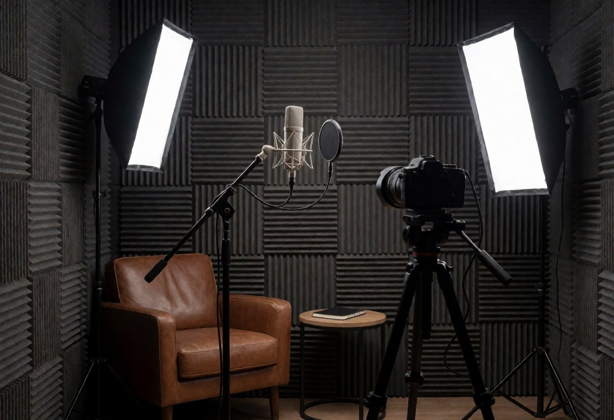 Studio d'enregistrement professionnel équipé d'un microphone, d'une caméra sur trépied, d'un fauteuil en cuir et de lumières, idéal pour les agences marketing et la production audiovisuelle.