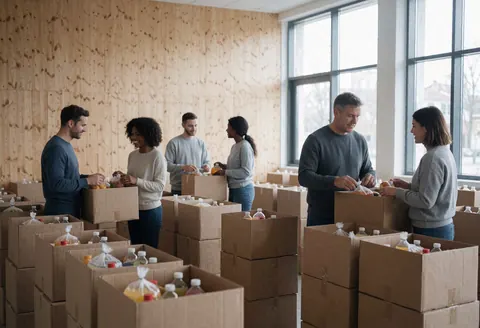 Des volontaires organisent des boîtes contenant des denrées alimentaires et des boissons dans un local communautaire en bois, baigné de lumière naturelle.
