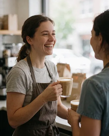 Une cliente souriante tenant une tasse de café latte dans un cadre décontracté.