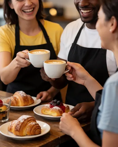 Trois amis profitent d'un moment convivial en cafétéria, buvant du café et mangeant un croissant, tout en levant leurs tasses avec le sourire dans une ambiance chaleureuse.