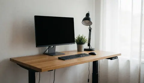 Un bureau en bois équipé d'un ordinateur, d'un moniteur, d'une lampe de bureau et d'une plante près d'une fenêtre avec des rideaux.