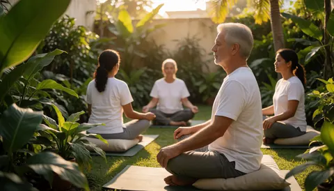Un groupe de personnes pratique yoga et méditation assis sur des coussins dans un jardin verdoyant baigné par la lumière dorée du coucher de soleil.