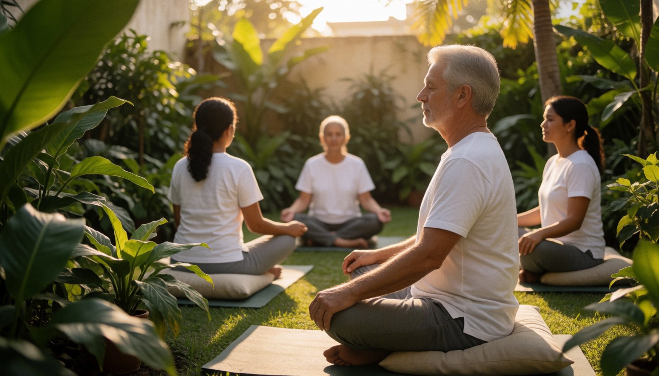 Un groupe de personnes pratique yoga et méditation assis sur des coussins dans un jardin verdoyant baigné par la lumière dorée du coucher de soleil.