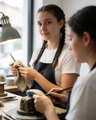 Une jeune femme aux cheveux tressés utilise des outils et un tissu pour polir des bijoux dans un atelier moderne baigné de lumière naturelle.