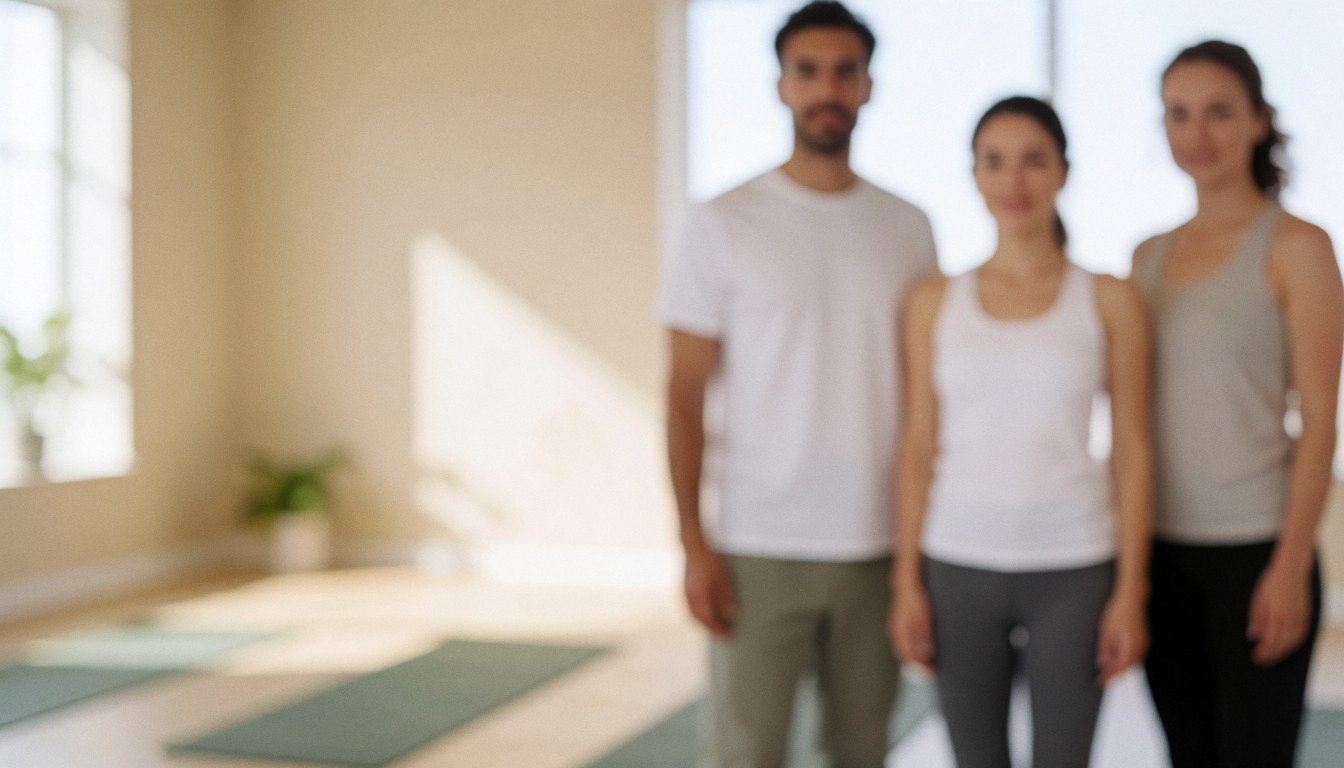 Arrière-plan flou d'un studio de yoga beige avec fenêtres, plantes et tapis, offrant un espace pour du texte ou des bannières.