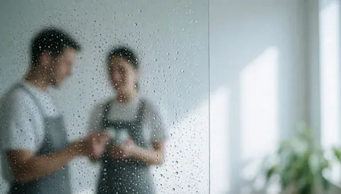 Des gouttelettes d'eau claire reposent sur un fond de verre blanc et lumineux, créant une texture abstraite idéale pour superposer du texte dans un contexte professionnel.