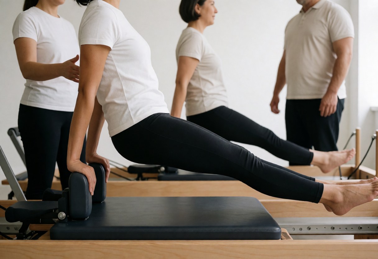 Une personne effectue des exercices de pilates sur un appareil reformer sous la supervision d'une instructrice dans un studio lumineux aux murs blancs.