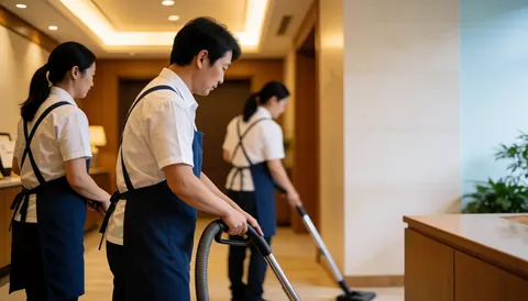 Trois professionnels du nettoyage travaillent dans un couloir d'hôtel, l'un utilise un aspirateur tandis que les autres manipulent des outils de nettoyage.