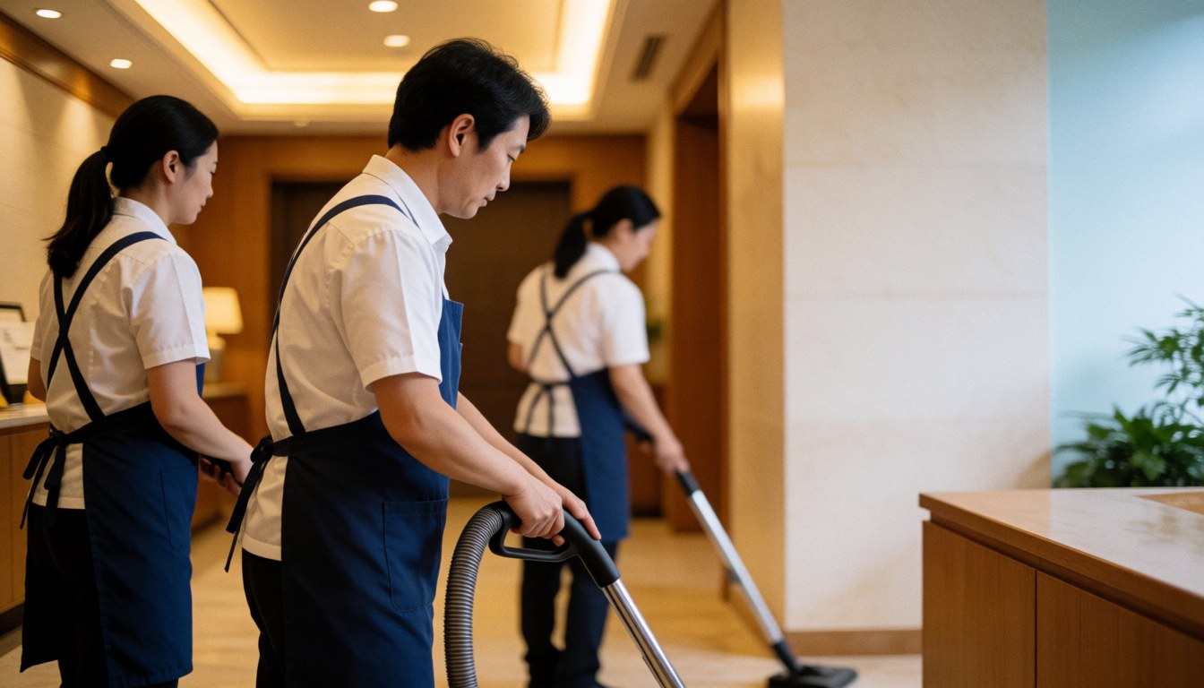 Trois professionnels du nettoyage travaillent dans un couloir d'hôtel, l'un utilise un aspirateur tandis que les autres manipulent des outils de nettoyage.
