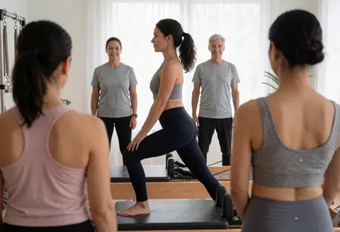 Instructrice de pilates enseignant à un groupe dans un studio avec lumière naturelle.