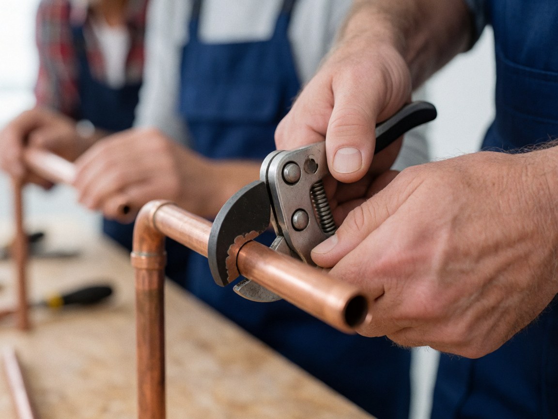 Un plombier utilise des ciseaux pour couper un tube de cuivre dans un atelier, avec des outils et des tuyaux en arrière-plan.