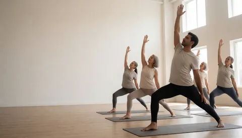 Hommes et femmes en postures de yoga équilibrées dans un studio lumineux aux murs clairs, évoquant calme et bien-être pour un site web professionnel.