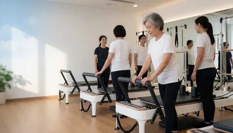 Une femme senior utilise un appareil de pilates dans un studio moderne avec miroirs, tandis que d'autres personnes observent depuis l'arrière-plan.
