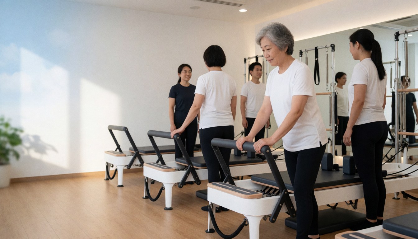 Une femme senior utilise un appareil de pilates dans un studio moderne avec miroirs, tandis que d'autres personnes observent depuis l'arrière-plan.