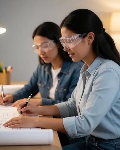 Des ingénieures examinent des dessins techniques posés sur une table, éclairées par la lumière naturelle dans un environnement de travail professionnel.