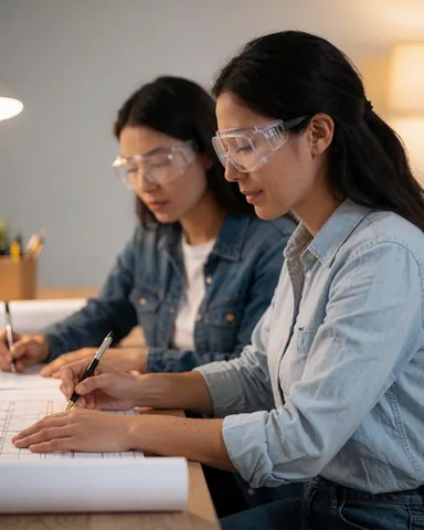 Des ingénieures examinent des dessins techniques posés sur une table, éclairées par la lumière naturelle dans un environnement de travail professionnel.